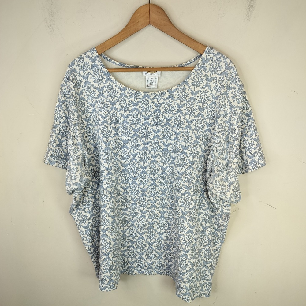 Talbots Floral Short Sleeve Top Tee 3X Womens Stretch‎ Cotton Blue White